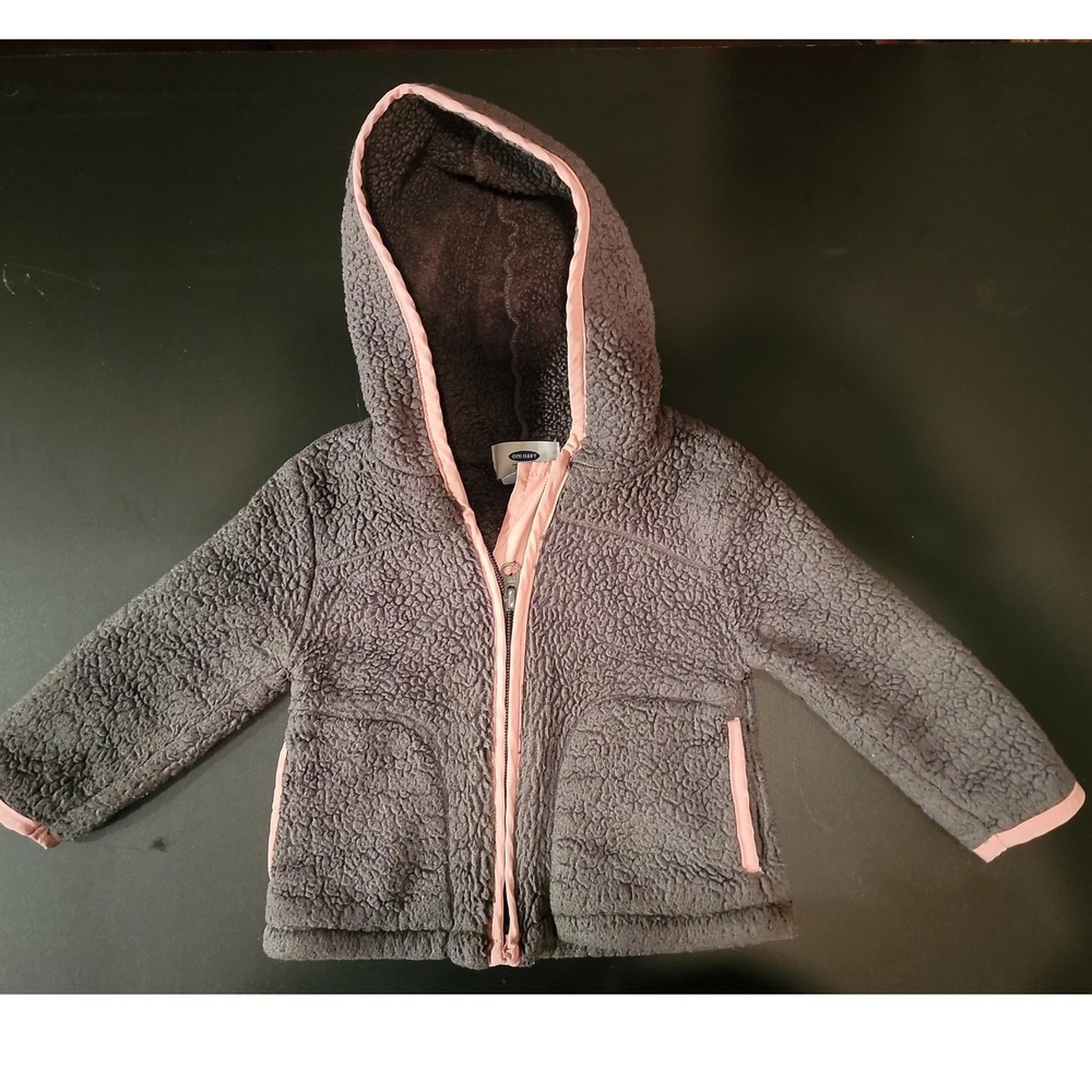 Old Navy Girls Gray Sherpa Fleece Full Zip Hoodie Pink Trim 12-18 Months
